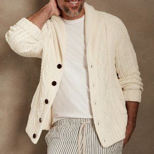 BANANA REPUBLIC SHAWL-COLLAR CHUNKY CABLE KNIT ORGANIC COTTON CARDIGAN